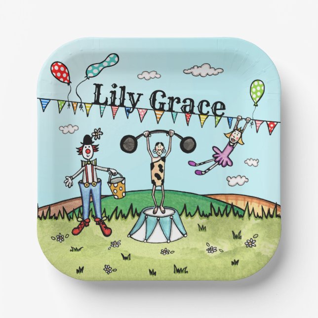 Personalized Circus Acrobat, Clown and Strongman Paper Plate (Front)