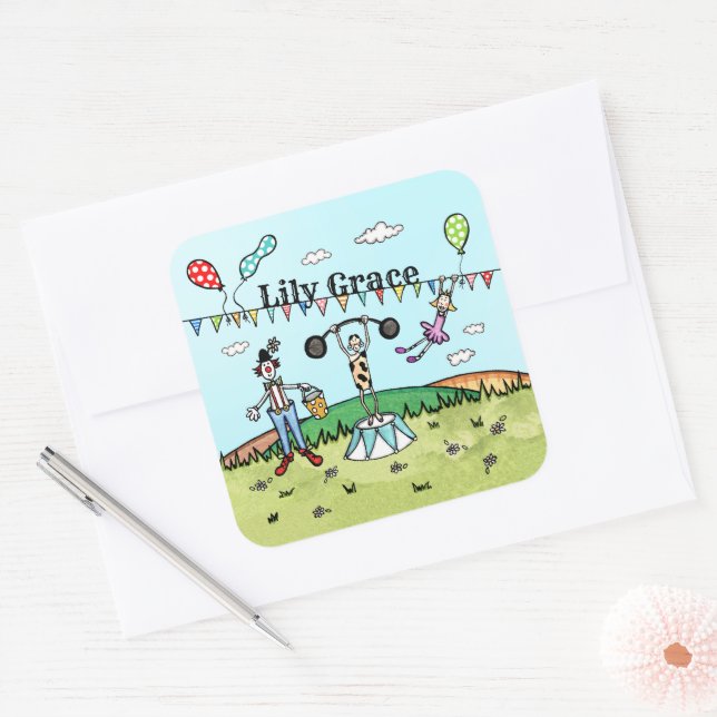 Personalized Circus Acrobat, Clown and Strongman Square Sticker (Envelope)