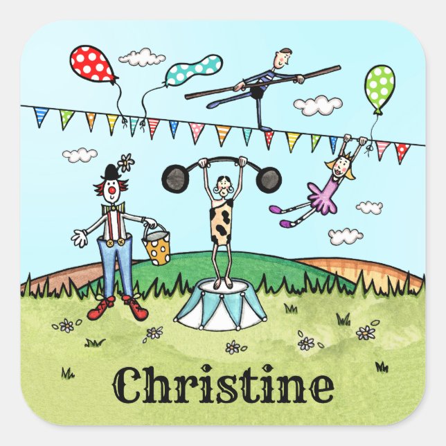 Personalized Circus Acrobat, Clown and Strongman Square Sticker (Front)