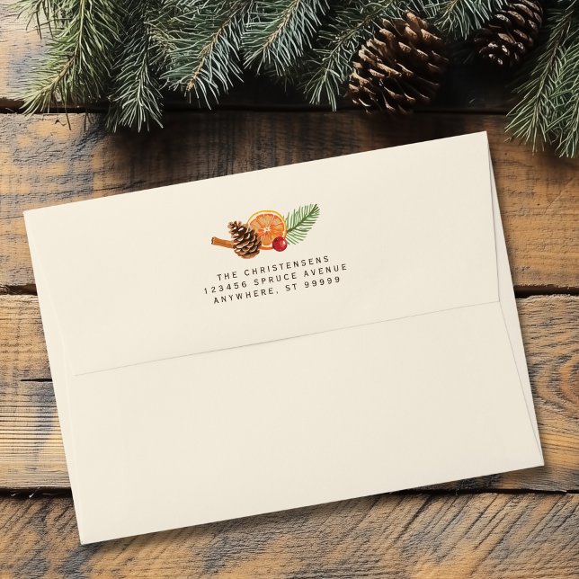 Personalized Citrus Pinecone Cinnamon Christmas Envelope (Shown on an A7 envelope)