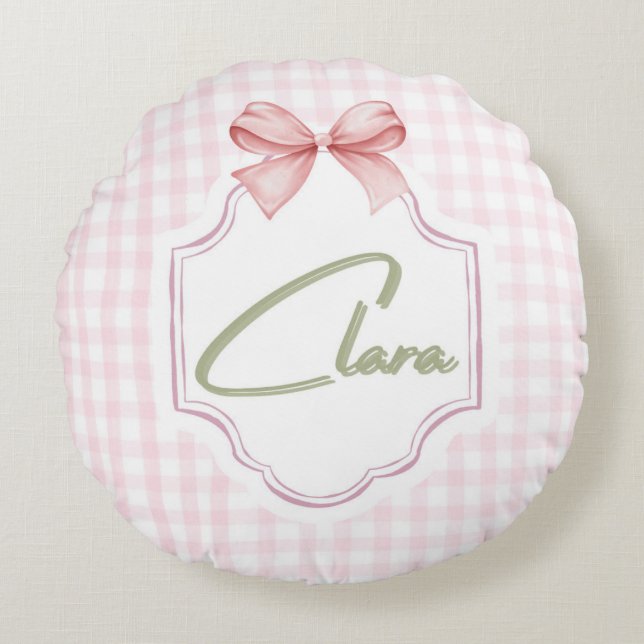Personalized Clara Baby Girl Nursery Bow&Gingham Round Pillow (Front)