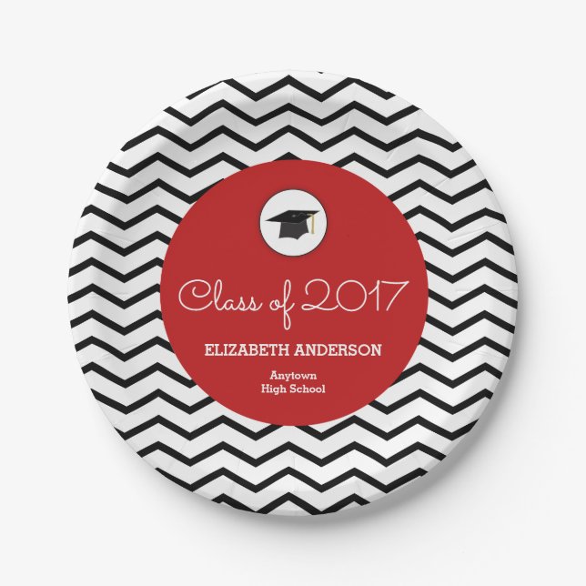 Personalized Class of 2017 Chevron Red Grad Paper Plate (Front)