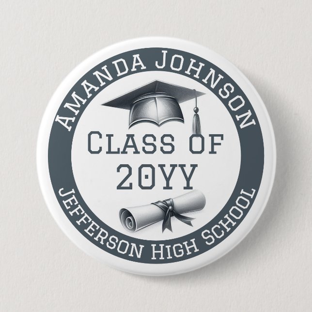 Personalized Class of Graduation Cap and Diploma  3 Inch Round Button (Front)
