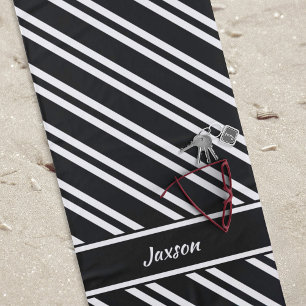 Personalized Classic Black and White Stripes Beach Towel