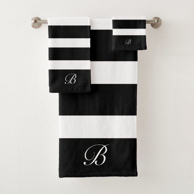 Personalized Classic Black & White Stripes Pattern Bath Towel Set (Insitu)