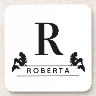 Personalized Classic Blk Monogram Initial Mermaids Coaster