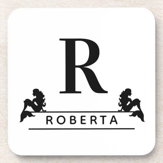 Personalized Classic Blk Monogram Initial Mermaids Coaster (Front)
