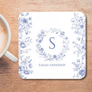 Personalized Classic Blue Flowers Floral Pattern Coaster