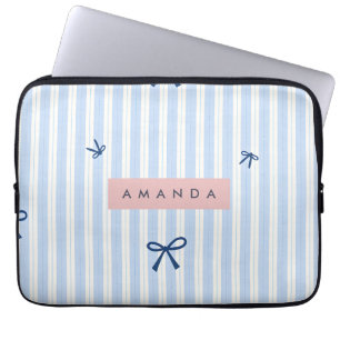 Personalized Classic Blue Pastel Striped Bow Laptop Sleeve