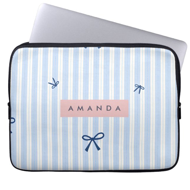 Personalized Classic Blue Pastel Striped Bow Laptop Sleeve (Front)