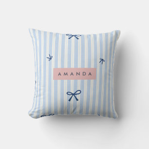 Personalized Classic Blue Pastel Striped Bow Throw Pillow