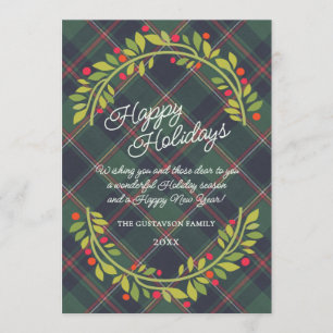 Personalized Classic Dark Blue Red Green Plaid Holiday Card