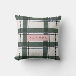 Personalized Classic Forest Green and Navy Plaid  Throw Pillow