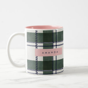 Personalized Classic Forest Green and Navy Plaid Two-Tone Coffee Mug