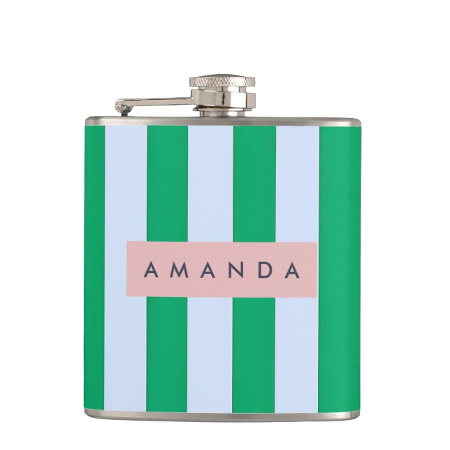 Personalized Classic Green and White Striped Hip Flask (Front)