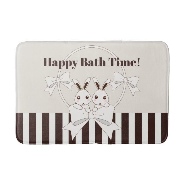 Personalized Classic Modern Stripe Cute Twin Bunny Bath Mat (Front)