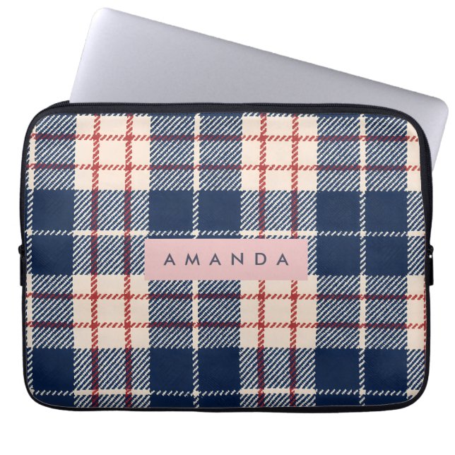 Personalized Classic Navy and Red Plaid Laptop Sleeve (Front)