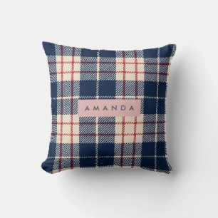 Personalized Classic Navy and Red Plaid Throw Pillow