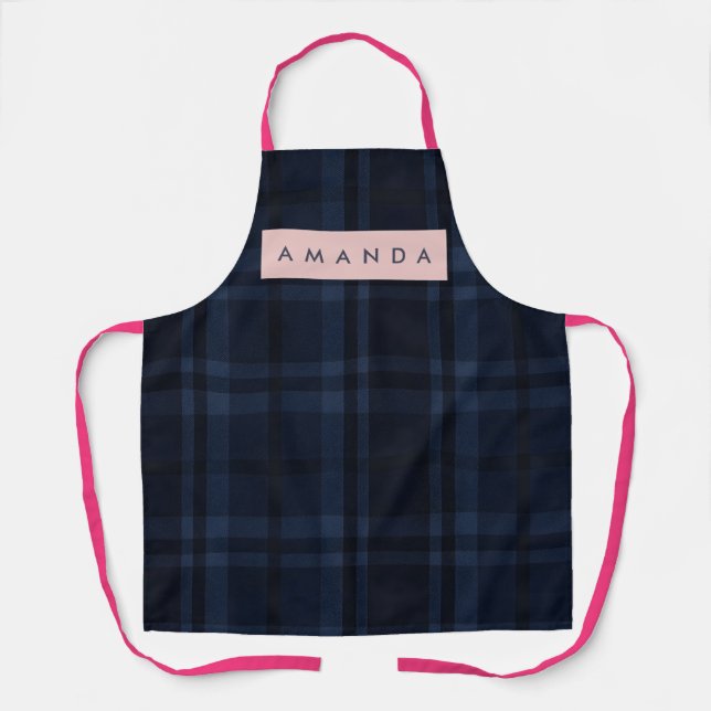 Personalized Classic Navy Blue Plaid Pattern Apron (Front)