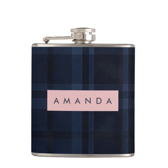 Personalized Classic Navy Blue Plaid Pattern Hip Flask (Front)