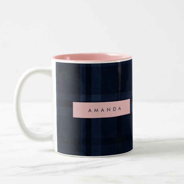 Personalized Classic Navy Blue Plaid Pattern Two-Tone Coffee Mug (Left)