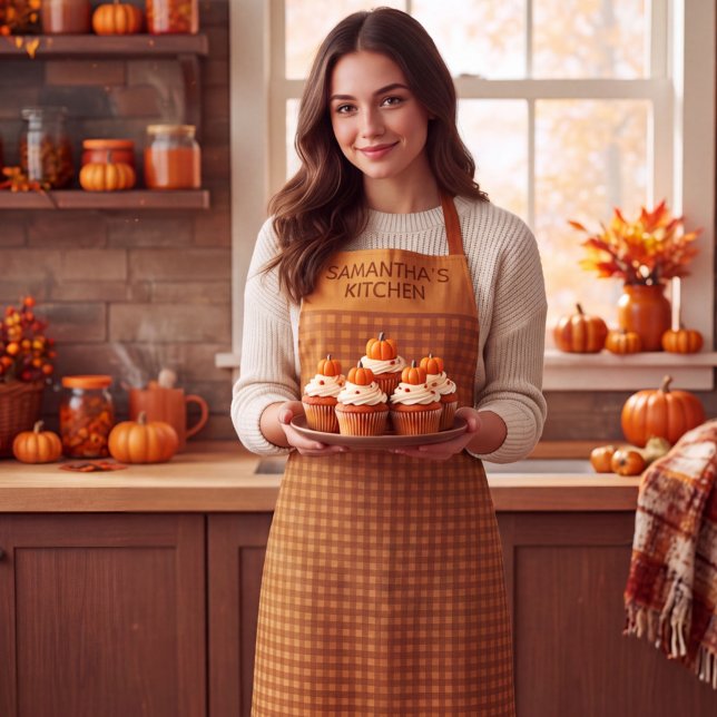 Personalized Classic Pumpkin Fall Gingham Plaid Apron (Creator Uploaded)