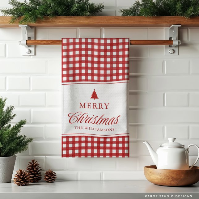 Personalized Classic Red Gingham Christmas  Kitchen Towel (Christmas Kitchen Towel shown in 3-fold. Add your Family Name.)