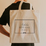 Personalized Classic Simple Bowtie Best Man Tote Bag<br><div class="desc">Celebrate your best man with this elegant, customizable tote bag. Designed in a timeless black-and-white palette, it features his name, title, and your special date, framed by a sleek border and a refined bow illustration. Perfect for carrying all the essentials on the big day, this tote adds a stylish touch...</div>