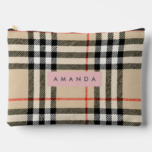 Personalized Classic Tan, Black & Red Plaid Accessory Pouch