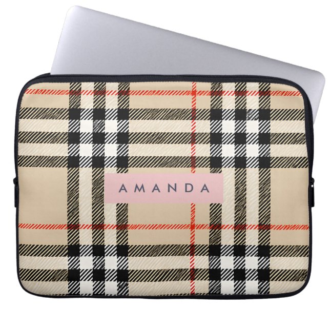 Personalized Classic Tan, Black & Red Plaid Laptop Sleeve (Front)
