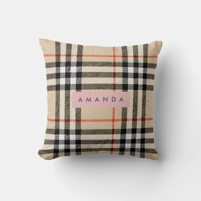 Personalized Classic Tan, Black & Red Plaid Throw Pillow (Front)