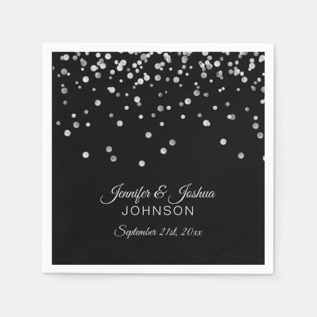Personalized Classy Black Silver Confetti Wedding Napkin (Front)