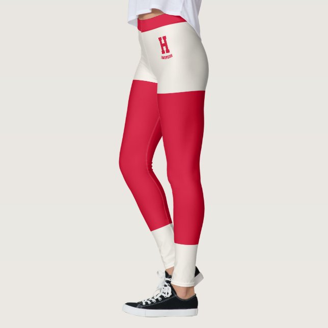 Personalized Classy Cherry Red Solid Ivory Accents Leggings (Left)