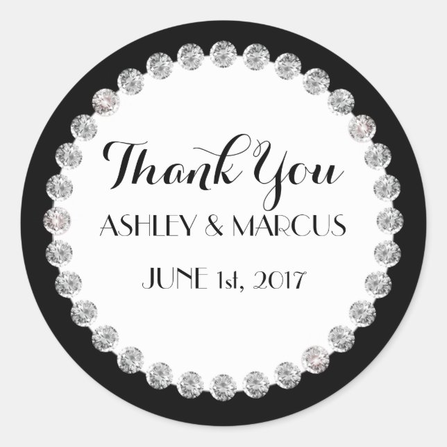 Personalized Classy Wedding Black & White Diamonds Classic Round Sticker (Front)