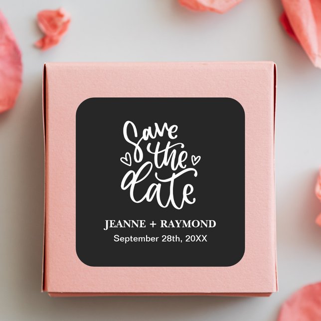 Personalized Clean Black Wedding Save the date Square Sticker (Clean black save the date sticker adds modern personalized charm to wedding mailings.)