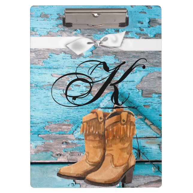 Personalized Clip Board Blue Wood Barn Door Boots (Front)