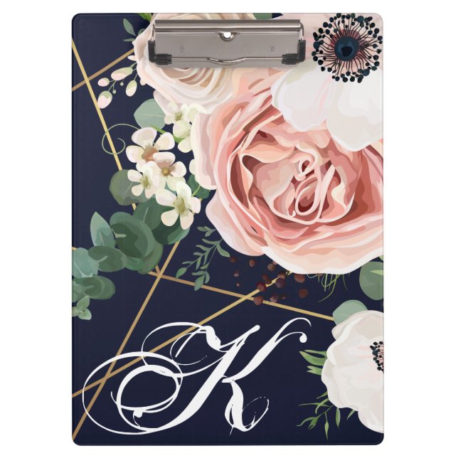 Personalized Clip Board Geometric Garden Rose Navy (Front)