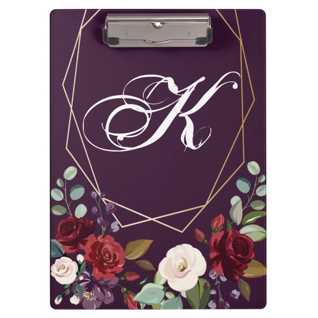 Personalized Clip Board Plum Purple Roses Gold Geo (Front)