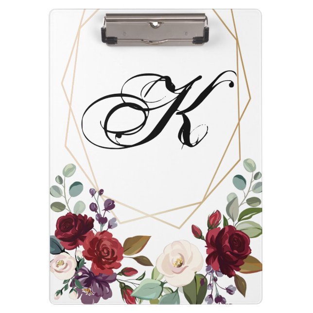 Personalized Clip Board White Roses Gold Geo (Front)