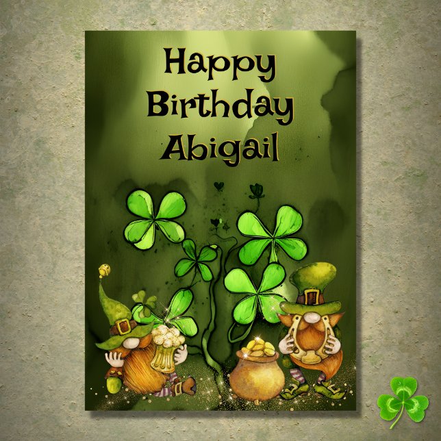 Personalized Clovers n Leprechaun Gnomes Birthday Card (Creator Uploaded)