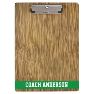 Personalized Coach Clipboard On Faux Wood Backdrop