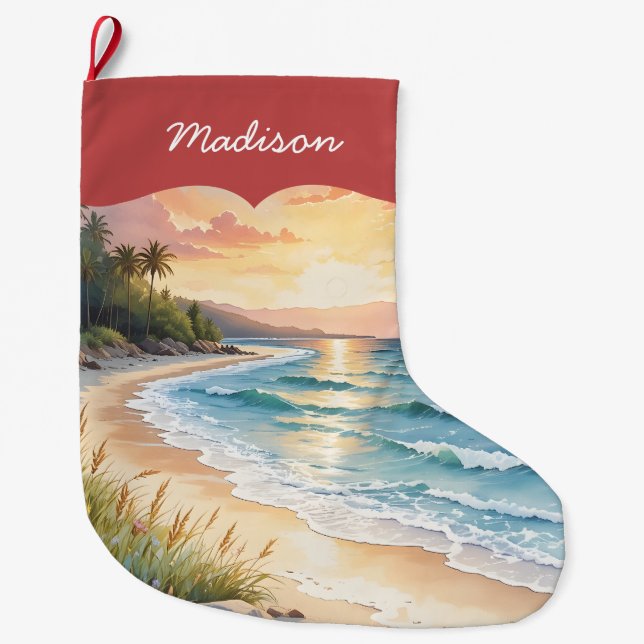 Personalized Coastal Beach and Sand Blue Ocean Large Christmas Stocking (Front)