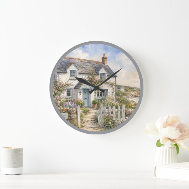 Personalized Coastal Cottage Watercolour  Large Clock (Home)