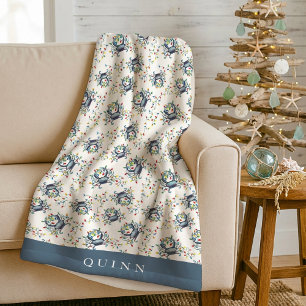 Personalized Coastal Crab Christmas Lights Holiday Fleece Blanket