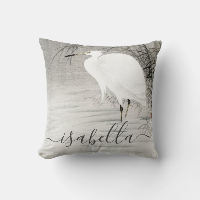 Personalized Coastal Egret Bird Throw Pillow (Front)