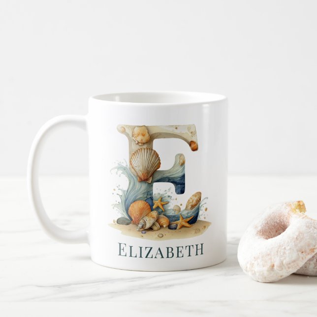Personalized Coastal Monogram E Initial Beach Coffee Mug (With Donut)