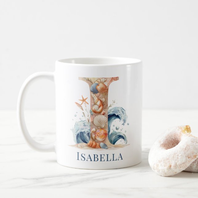 Personalized Coastal Monogram I Initial Beach Coffee Mug (With Donut)