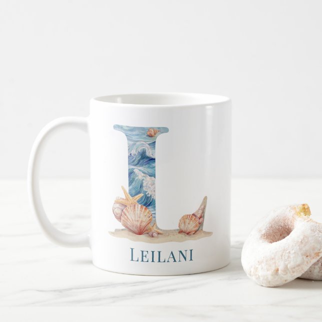 Personalized Coastal Monogram L Initial Beach Coffee Mug (With Donut)