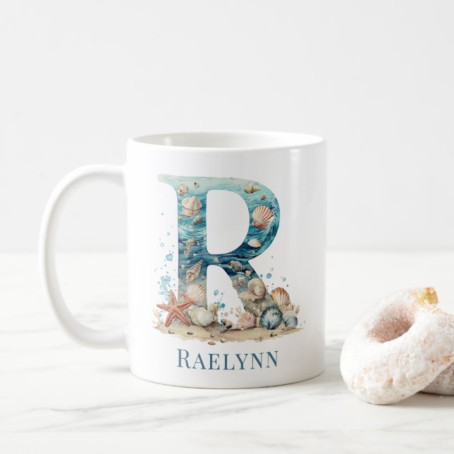 Personalized Coastal Monogram R Initial Beach Coffee Mug (With Donut)