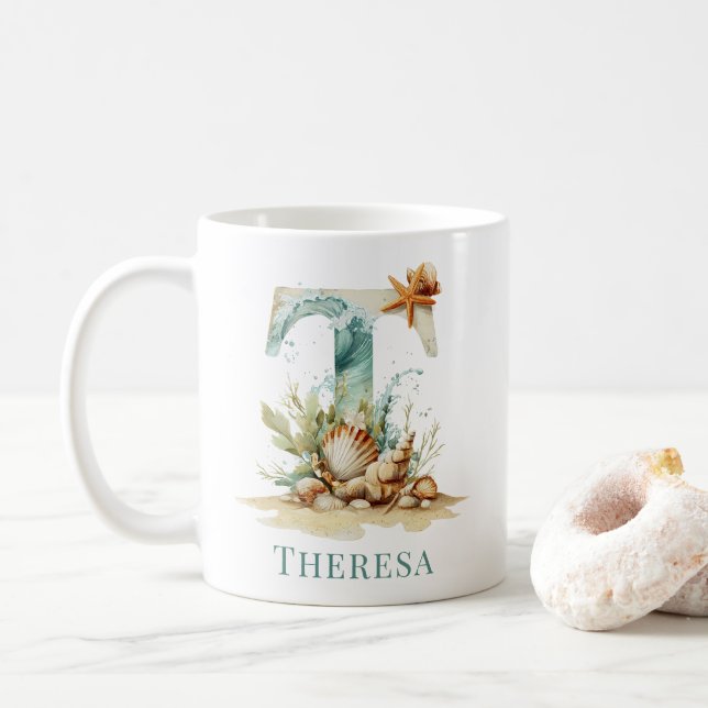 Personalized Coastal Monogram T Initial Beach Coffee Mug (With Donut)